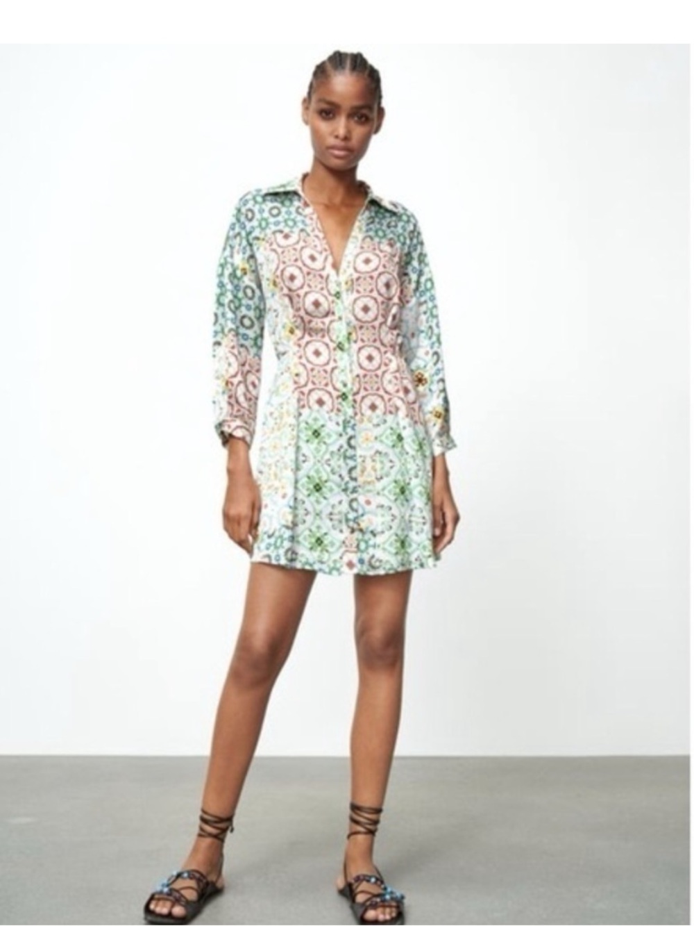 Zara Mixed Print Shirt Dress Mini Multicolor Floral Geometric Button Front XL